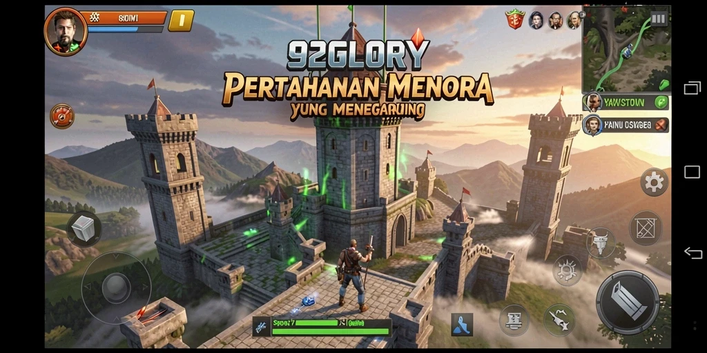 Screenshot gameplay 92GLORY menampilkan aksi menara pertahanan yang intens.