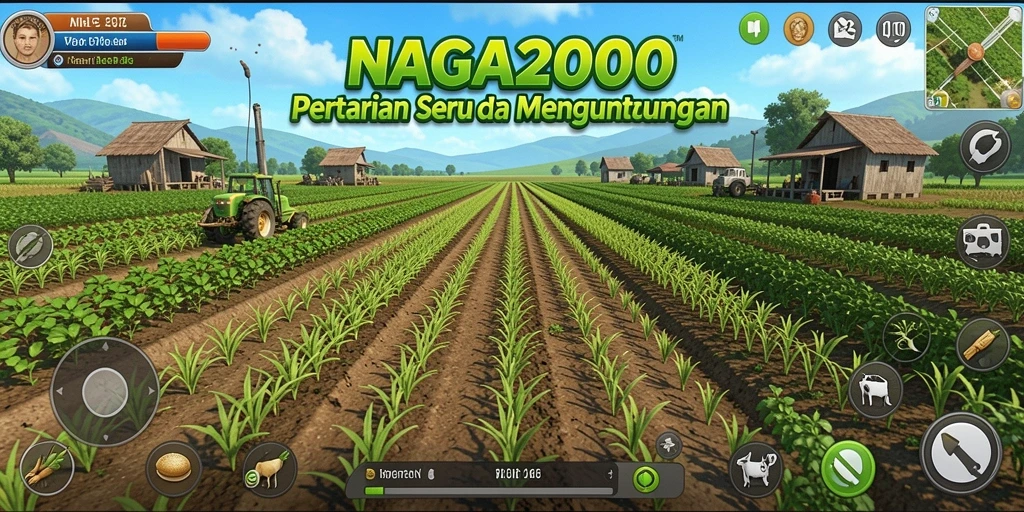 Tangkapan layar utama NAGA2000 menunjukkan aktivitas pertanian yang seru dan mengasyikkan.