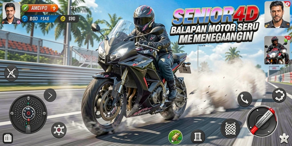 Gameplay mendebarkan SENIOR4D dengan balapan motor cepat dan seru.